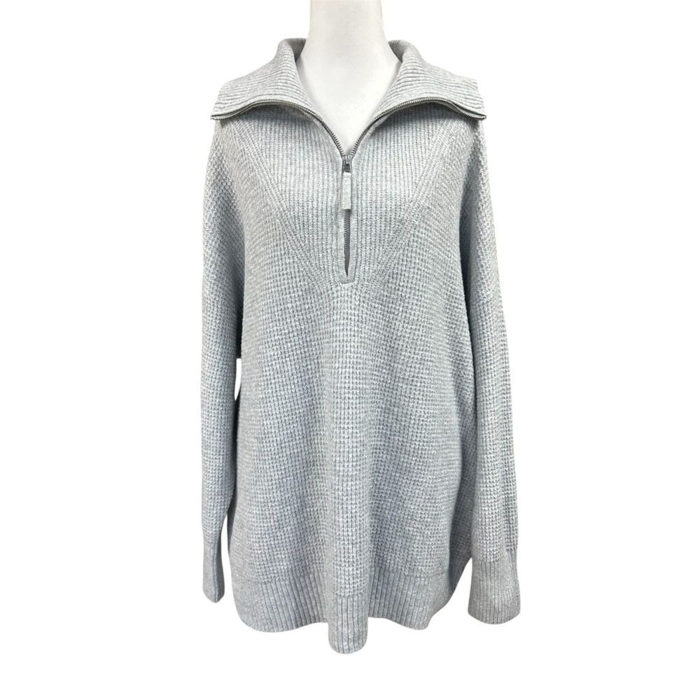 Aerie CozyUp Waffle Quarter Zip Sweater Slouchy Gray Sz L